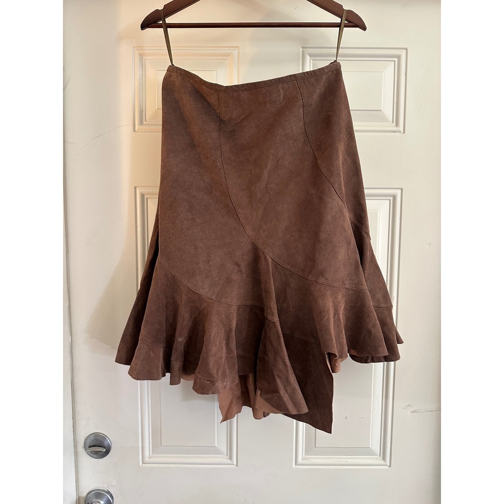 Vintage Newport News 100% Suede Ruffle‎ Skirt – Chocolate Brown – Size 10